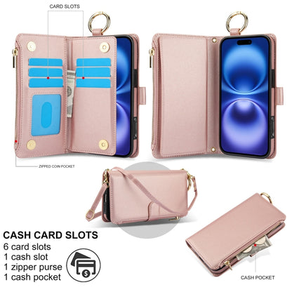 For iPhone 16 Crossbody Ring Multifunctional Wallet Leather Phone Case(Rose Gold) by buy2fix