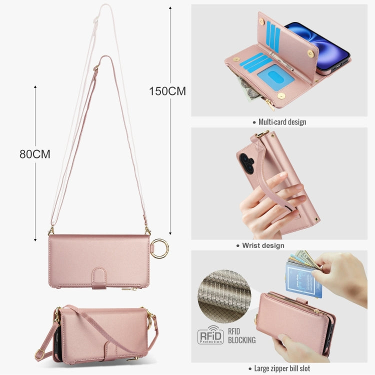 For iPhone 16 Crossbody Ring Multifunctional Wallet Leather Phone Case(Rose Gold) by buy2fix