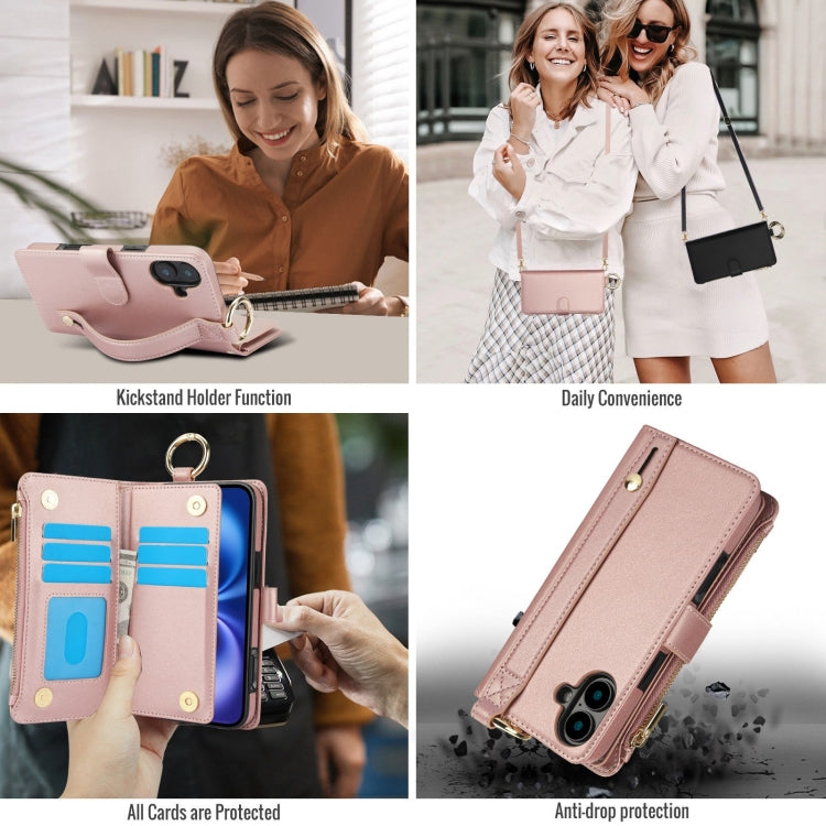 For iPhone 16 Crossbody Ring Multifunctional Wallet Leather Phone Case(Rose Gold) by buy2fix