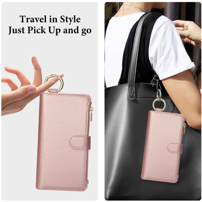 For iPhone 16 Crossbody Ring Multifunctional Wallet Leather Phone Case(Rose Gold) by buy2fix