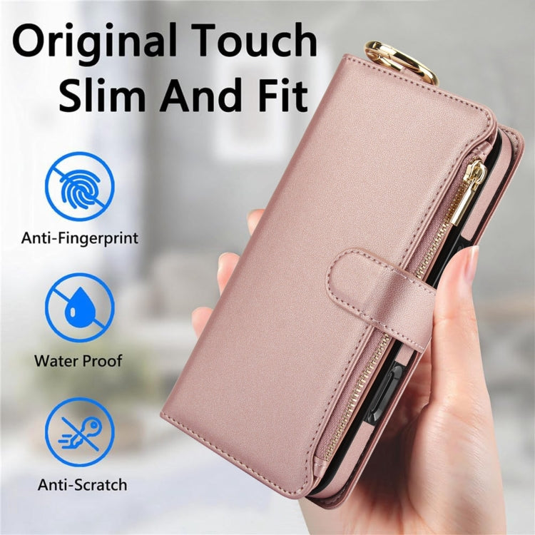 For iPhone 16 Crossbody Ring Multifunctional Wallet Leather Phone Case(Rose Gold) by buy2fix