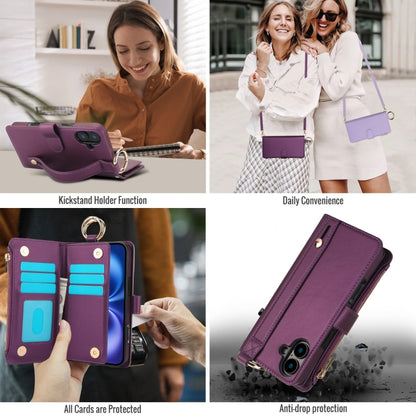 For iPhone 16 Crossbody Ring Multifunctional Wallet Leather Phone Case(Dark Purple) - iPhone 16 Cases by buy2fix | Online Shopping UK | buy2fix