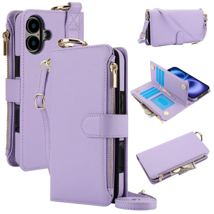 For iPhone 16 Crossbody Ring Multifunctional Wallet Leather Phone Case(Purple) - iPhone 16 Cases by buy2fix | Online Shopping UK | buy2fix