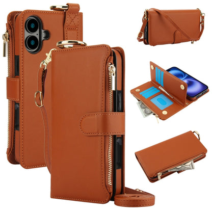 For iPhone 16 Crossbody Ring Multifunctional Wallet Leather Phone Case(Brown) - iPhone 16 Cases by buy2fix | Online Shopping UK | buy2fix