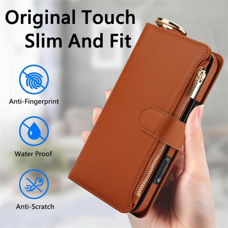 For iPhone 16 Crossbody Ring Multifunctional Wallet Leather Phone Case(Brown) - iPhone 16 Cases by buy2fix | Online Shopping UK | buy2fix