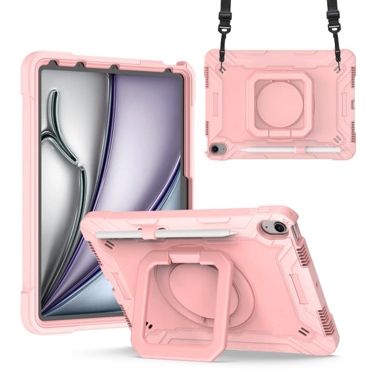 For iPad Air 11 2026 / 2025 / 2024 Handle Grip Holder Silicone Hybrid PC Tablet Case with Strap(Rose Gold)