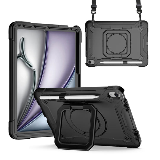 For iPad Air 11 2026 / 2025 / 2024 Handle Grip Holder Silicone Hybrid PC Tablet Case with Strap(Black)