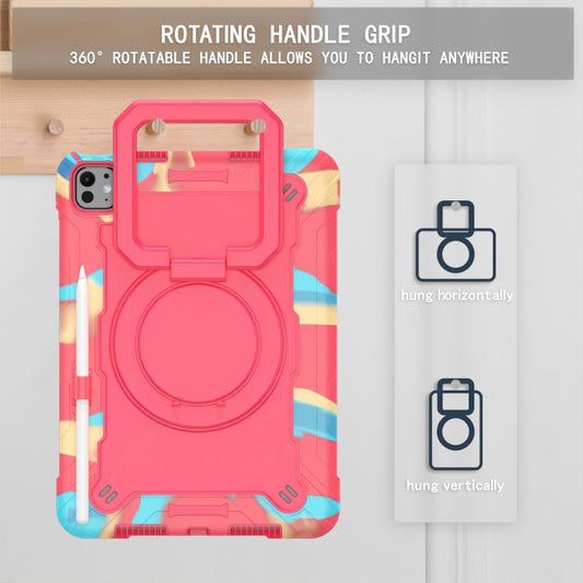 For iPad Pro 11 2025 / 2024 Handle Grip Holder Silicone Hybrid PC Tablet Case with Strap(Camouflage Rose Red) by buy2fix