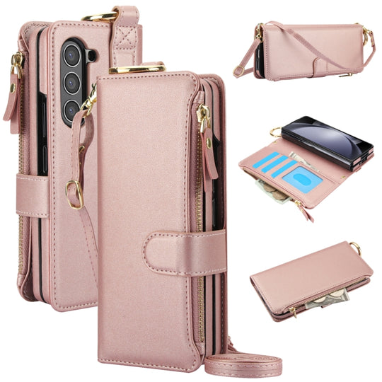 For Samsung Galaxy Z Fold6 Crossbody Ring Multifunctional Wallet Fold Leather Phone Case(Rose Gold)