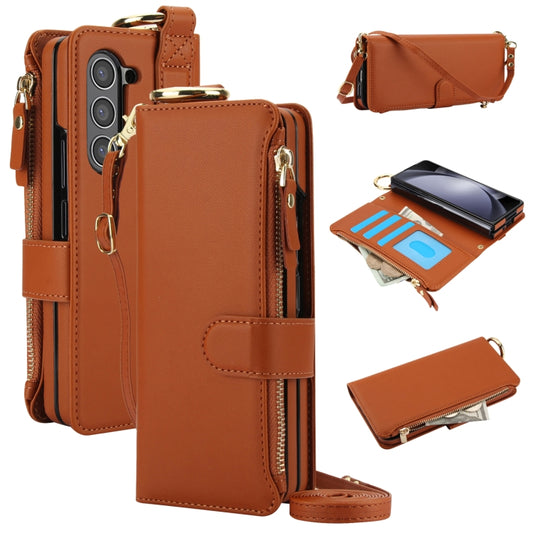 For Samsung Galaxy Z Fold6 Crossbody Ring Multifunctional Wallet Fold Leather Phone Case(Brown) - Galaxy Z Fold6 5G Cases by buy2fix | Online Shopping UK | buy2fix