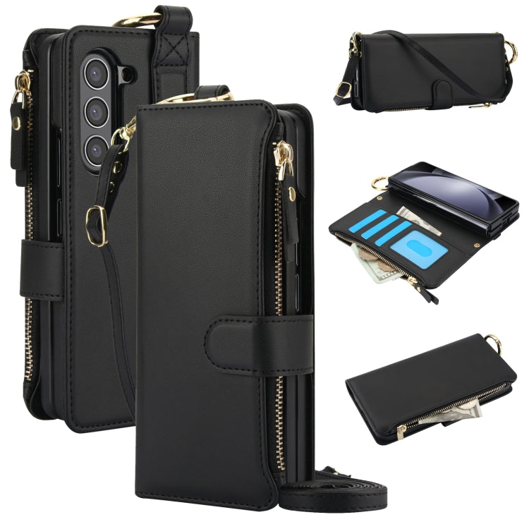 For Samsung Galaxy Z Fold5 Crossbody Ring Multifunctional Wallet Fold Leather Phone Case(Black) - Galaxy Z Fold5 Cases by buy2fix | Online Shopping UK | buy2fix