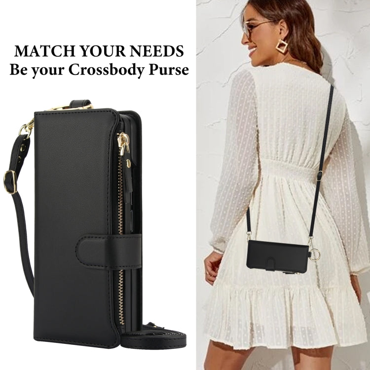 For Samsung Galaxy Z Fold5 Crossbody Ring Multifunctional Wallet Fold Leather Phone Case(Black) - Galaxy Z Fold5 Cases by buy2fix | Online Shopping UK | buy2fix