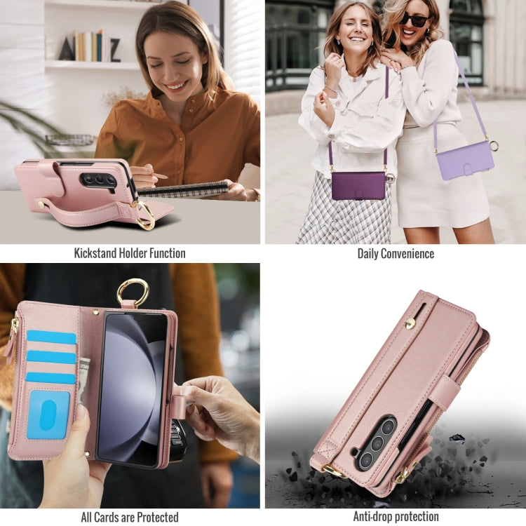 For Samsung Galaxy Z Fold5 Crossbody Ring Multifunctional Wallet Fold Leather Phone Case(Rose Gold) - Galaxy Z Fold5 Cases by buy2fix | Online Shopping UK | buy2fix