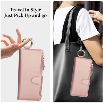 For Samsung Galaxy Z Fold5 Crossbody Ring Multifunctional Wallet Fold Leather Phone Case(Rose Gold) - Galaxy Z Fold5 Cases by buy2fix | Online Shopping UK | buy2fix