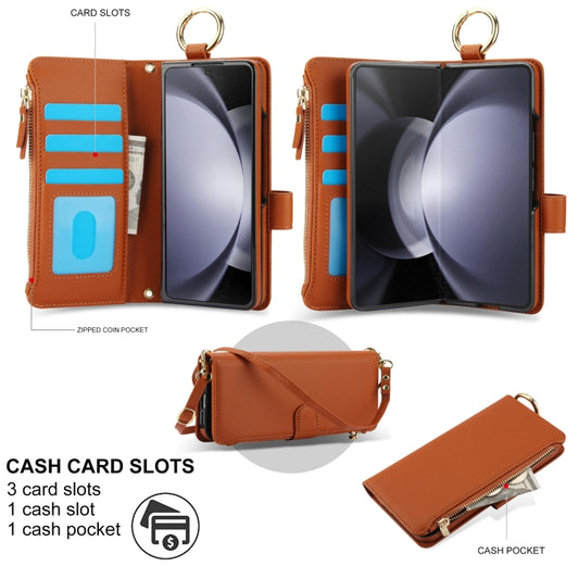 For Samsung Galaxy Z Fold5 Crossbody Ring Multifunctional Wallet Fold Leather Phone Case(Brown) - Galaxy Z Fold5 Cases by buy2fix | Online Shopping UK | buy2fix