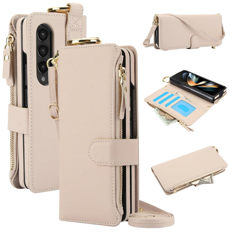 For Samsung Galaxy Z Fold4 Crossbody Ring Multifunctional Wallet Fold Leather Phone Case(White) - Galaxy Z Fold4 5G Cases by buy2fix | Online Shopping UK | buy2fix