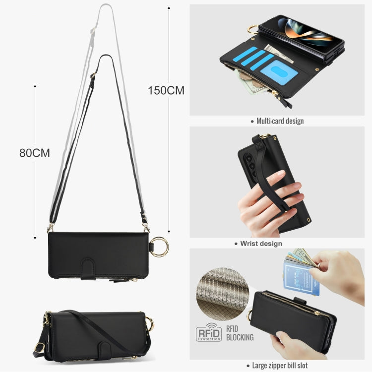 For Samsung Galaxy Z Fold4 Crossbody Ring Multifunctional Wallet Fold Leather Phone Case(Black) - Galaxy Z Fold4 5G Cases by buy2fix | Online Shopping UK | buy2fix