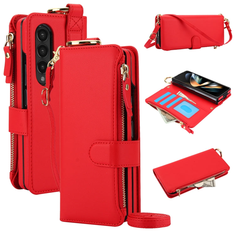For Samsung Galaxy Z Fold4 Crossbody Ring Multifunctional Wallet Fold Leather Phone Case(Red) - Galaxy Z Fold4 5G Cases by buy2fix | Online Shopping UK | buy2fix