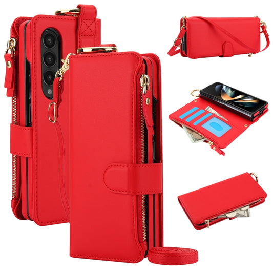 For Samsung Galaxy Z Fold4 Crossbody Ring Multifunctional Wallet Fold Leather Phone Case(Red) - Galaxy Z Fold4 5G Cases by buy2fix | Online Shopping UK | buy2fix