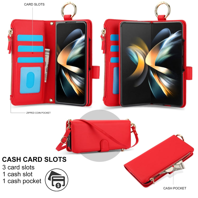 For Samsung Galaxy Z Fold4 Crossbody Ring Multifunctional Wallet Fold Leather Phone Case(Red) - Galaxy Z Fold4 5G Cases by buy2fix | Online Shopping UK | buy2fix