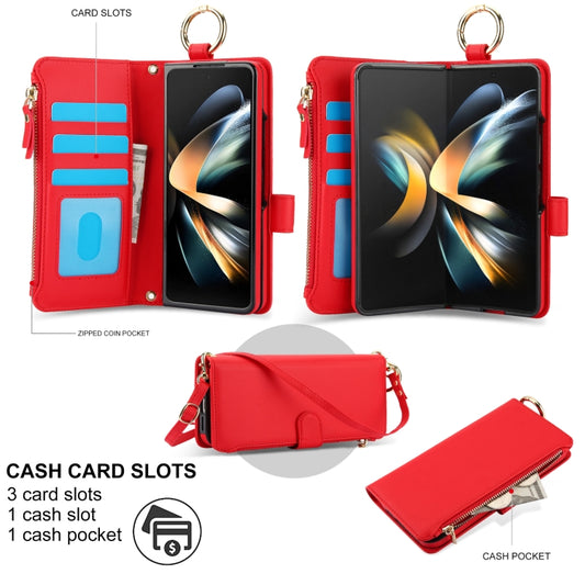 For Samsung Galaxy Z Fold4 Crossbody Ring Multifunctional Wallet Fold Leather Phone Case(Red) - Galaxy Z Fold4 5G Cases by buy2fix | Online Shopping UK | buy2fix
