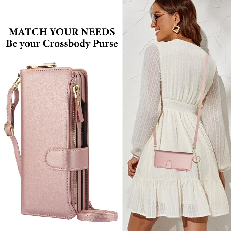 For Samsung Galaxy Z Fold4 Crossbody Ring Multifunctional Wallet Fold Leather Phone Case(Rose Gold) - Galaxy Z Fold4 5G Cases by buy2fix | Online Shopping UK | buy2fix