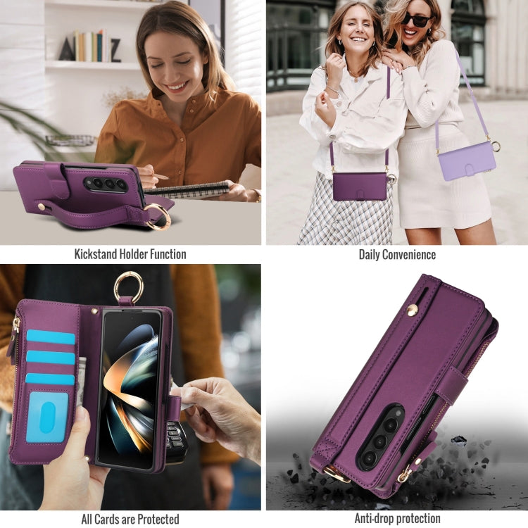 For Samsung Galaxy Z Fold4 Crossbody Ring Multifunctional Wallet Fold Leather Phone Case(Dark Purple) - Galaxy Z Fold4 5G Cases by buy2fix | Online Shopping UK | buy2fix