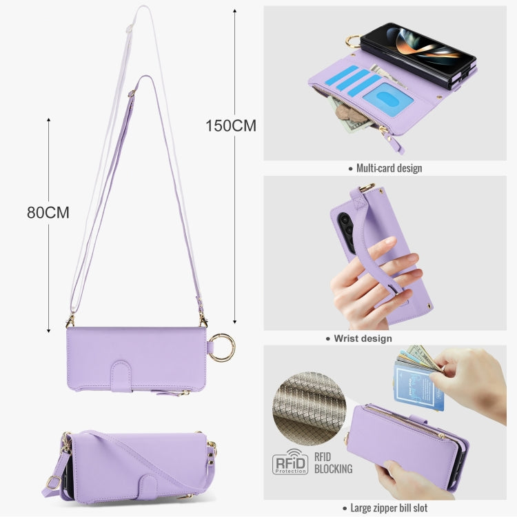 For Samsung Galaxy Z Fold4 Crossbody Ring Multifunctional Wallet Fold Leather Phone Case(Purple) - Galaxy Z Fold4 5G Cases by buy2fix | Online Shopping UK | buy2fix