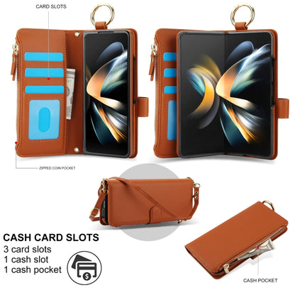 For Samsung Galaxy Z Fold4 Crossbody Ring Multifunctional Wallet Fold Leather Phone Case(Brown) - Galaxy Z Fold4 5G Cases by buy2fix | Online Shopping UK | buy2fix
