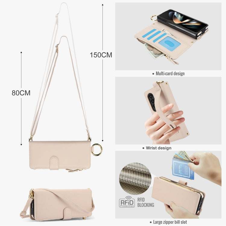 For Samsung Galaxy Z Fold3 5G Crossbody Ring Multifunctional Wallet Fold Leather Phone Case(White) - Galaxy Phone Cases by buy2fix | Online Shopping UK | buy2fix