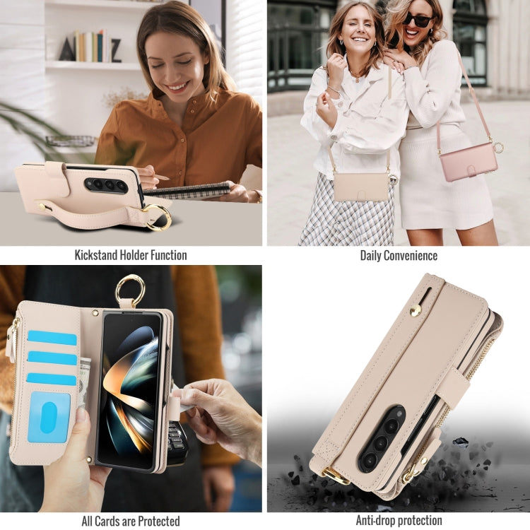 For Samsung Galaxy Z Fold3 5G Crossbody Ring Multifunctional Wallet Fold Leather Phone Case(White) - Galaxy Phone Cases by buy2fix | Online Shopping UK | buy2fix
