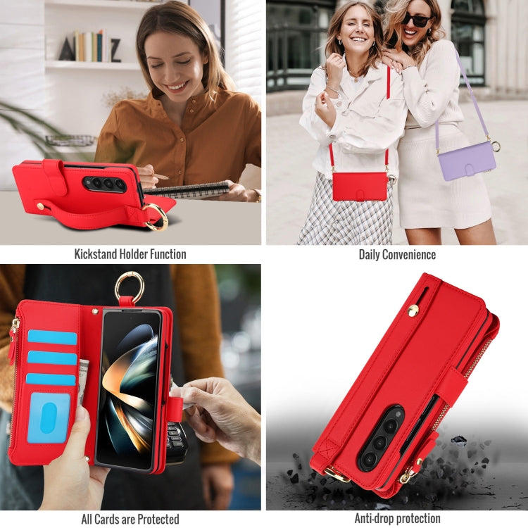 For Samsung Galaxy Z Fold3 5G Crossbody Ring Multifunctional Wallet Fold Leather Phone Case(Red) - Galaxy Phone Cases by buy2fix | Online Shopping UK | buy2fix