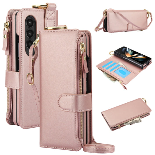 For Samsung Galaxy Z Fold3 5G Crossbody Ring Multifunctional Wallet Fold Leather Phone Case(Rose Gold) - Galaxy Phone Cases by buy2fix | Online Shopping UK | buy2fix