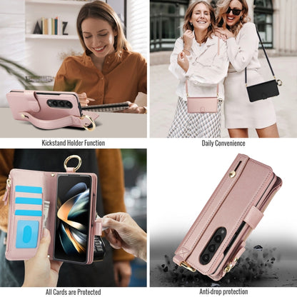For Samsung Galaxy Z Fold3 5G Crossbody Ring Multifunctional Wallet Fold Leather Phone Case(Rose Gold) - Galaxy Phone Cases by buy2fix | Online Shopping UK | buy2fix