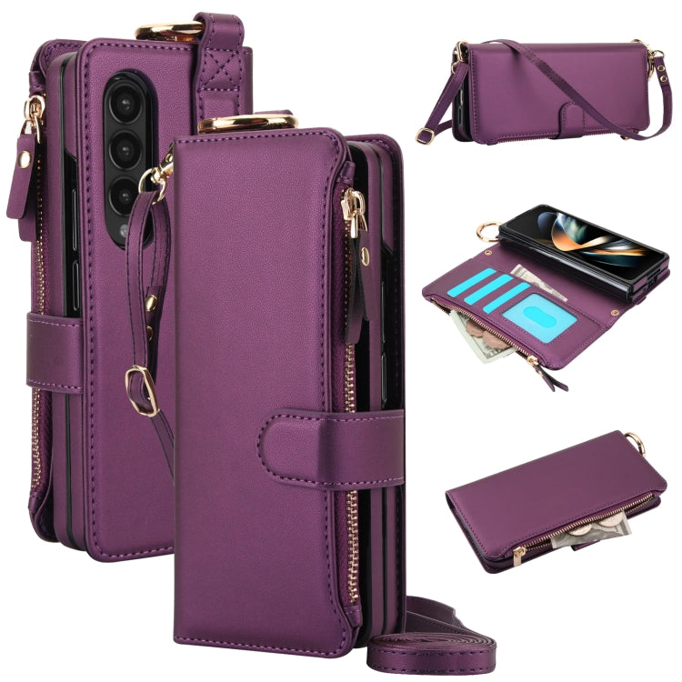 For Samsung Galaxy Z Fold3 5G Crossbody Ring Multifunctional Wallet Fold Leather Phone Case(Dark Purple) - Galaxy Phone Cases by buy2fix | Online Shopping UK | buy2fix