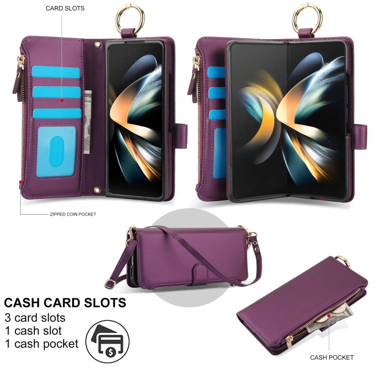 For Samsung Galaxy Z Fold3 5G Crossbody Ring Multifunctional Wallet Fold Leather Phone Case(Dark Purple) - Galaxy Phone Cases by buy2fix | Online Shopping UK | buy2fix