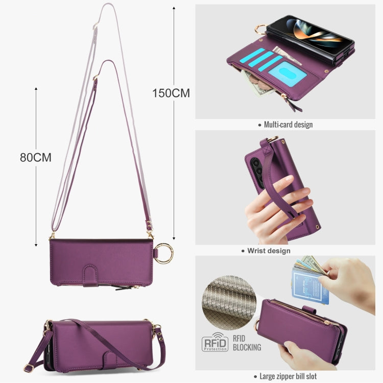 For Samsung Galaxy Z Fold3 5G Crossbody Ring Multifunctional Wallet Fold Leather Phone Case(Dark Purple) - Galaxy Phone Cases by buy2fix | Online Shopping UK | buy2fix