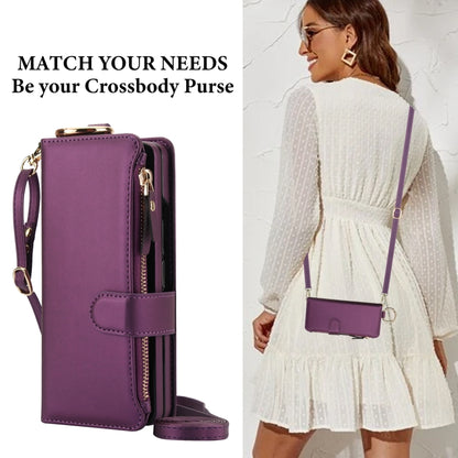 For Samsung Galaxy Z Fold3 5G Crossbody Ring Multifunctional Wallet Fold Leather Phone Case(Dark Purple) - Galaxy Phone Cases by buy2fix | Online Shopping UK | buy2fix