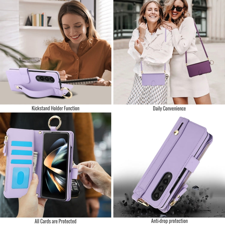 For Samsung Galaxy Z Fold3 5G Crossbody Ring Multifunctional Wallet Fold Leather Phone Case(Purple) - Galaxy Phone Cases by buy2fix | Online Shopping UK | buy2fix