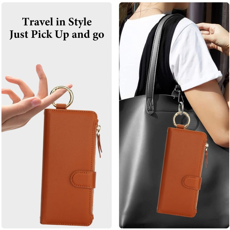 For Samsung Galaxy Z Fold3 5G Crossbody Ring Multifunctional Wallet Fold Leather Phone Case(Brown) - Galaxy Phone Cases by buy2fix | Online Shopping UK | buy2fix