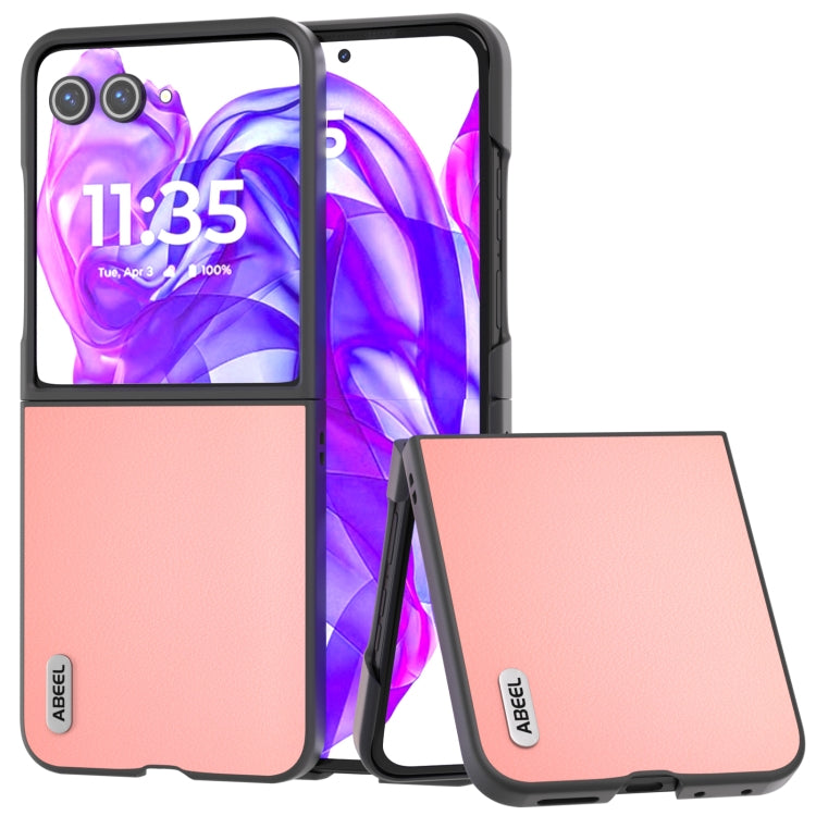 For Motorola Razr 50 Ultra ABEEL Genuine Leather Wave Black Edge Phone Case(Pink) by buy2fix