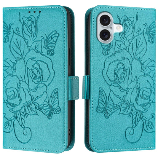 For iPhone 16 Embossed Rose RFID Anti-theft Leather Phone Case(Light Blue) by buy2fix