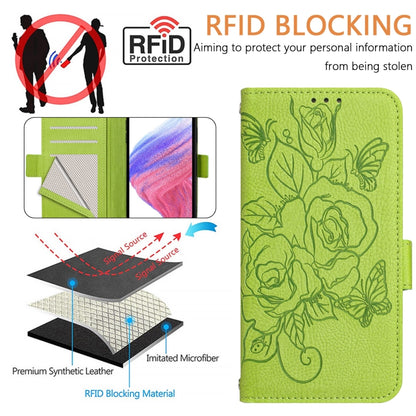 For iPhone 16 Pro Max Embossed Rose RFID Anti-theft Leather Phone Case(Green) - iPhone 16 Pro Max Cases by buy2fix | Online Shopping UK | buy2fix