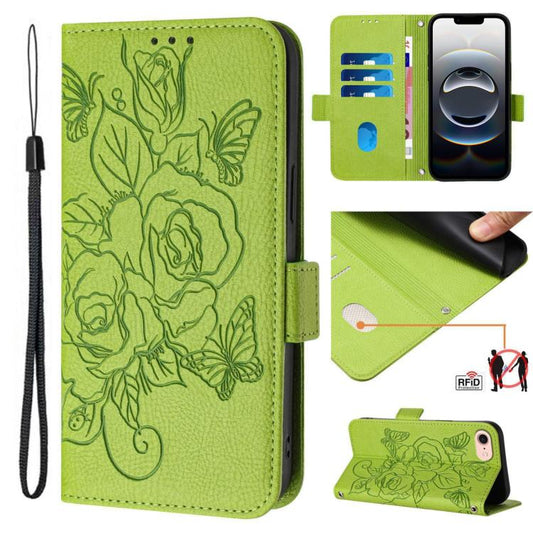 For iPhone SE 2024 Embossed Rose RFID Anti-theft Leather Phone Case(Green) by buy2fix