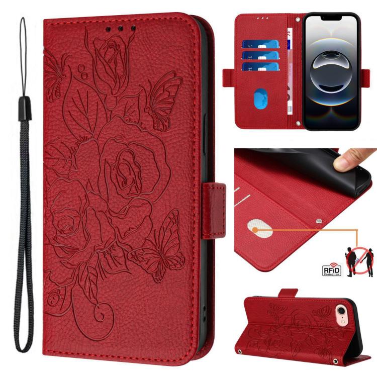 For iPhone SE 2024 Embossed Rose RFID Anti-theft Leather Phone Case(Red) by buy2fix