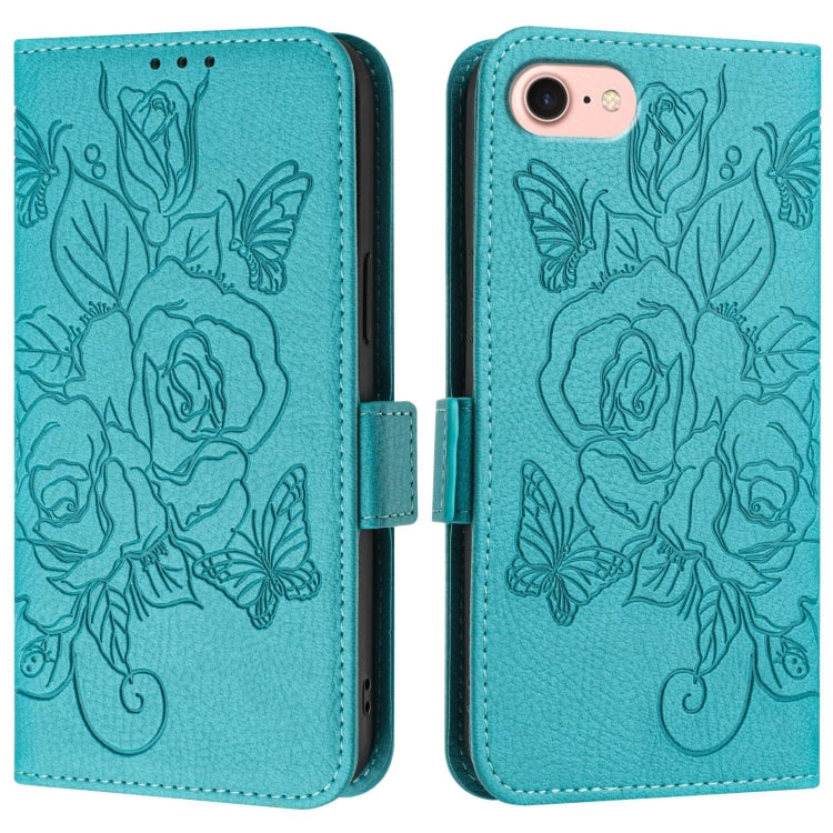 For iPhone SE 2024 Embossed Rose RFID Anti-theft Leather Phone Case(Light Blue) - More iPhone Cases by buy2fix | Online Shopping UK | buy2fix