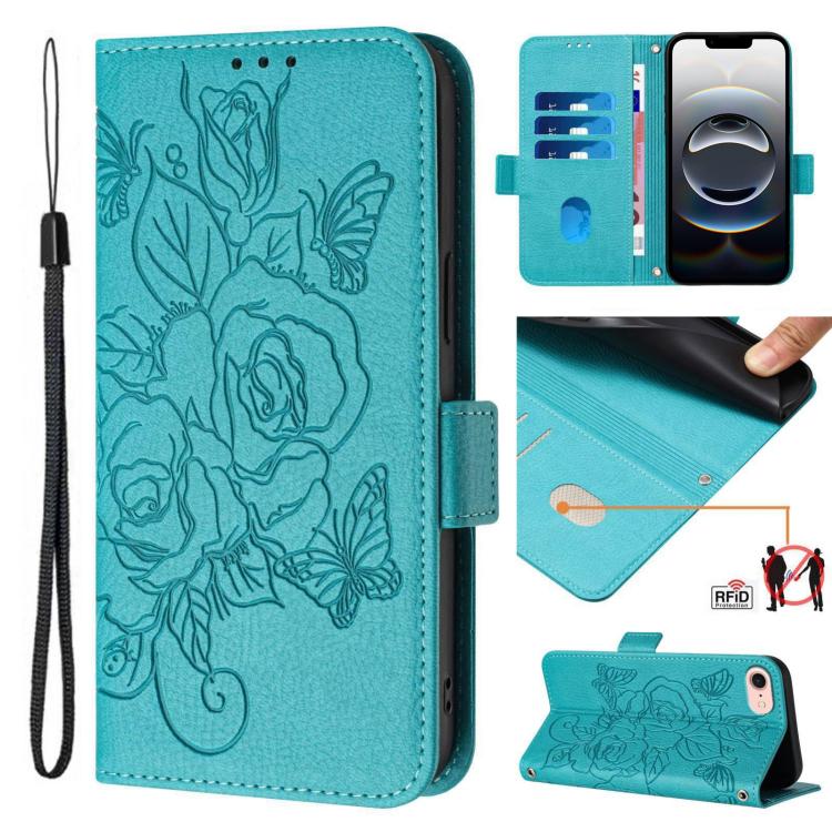 For iPhone SE 2024 Embossed Rose RFID Anti-theft Leather Phone Case(Light Blue) by buy2fix