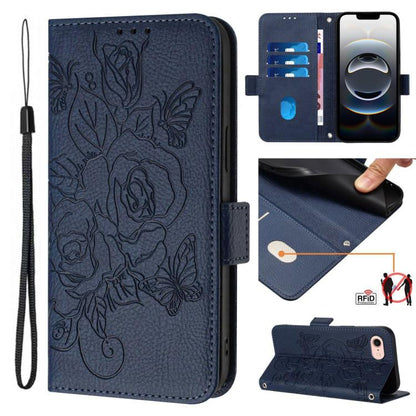 For iPhone SE 2024 Embossed Rose RFID Anti-theft Leather Phone Case(Dark Blue) by buy2fix