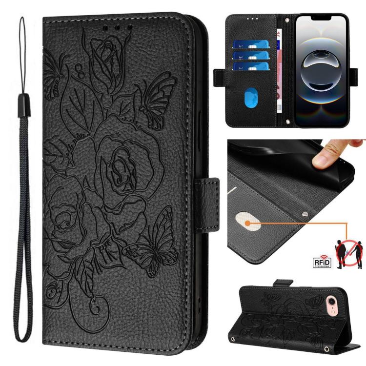 For iPhone SE 2024 Embossed Rose RFID Anti-theft Leather Phone Case(Black) by buy2fix