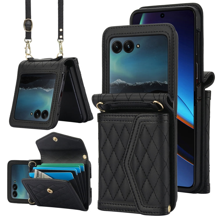 For Motorola Razr 40 Ultra Splicing Rhombic Texture Phone Case with Long & Short Lanyard(Black) by buy2fix